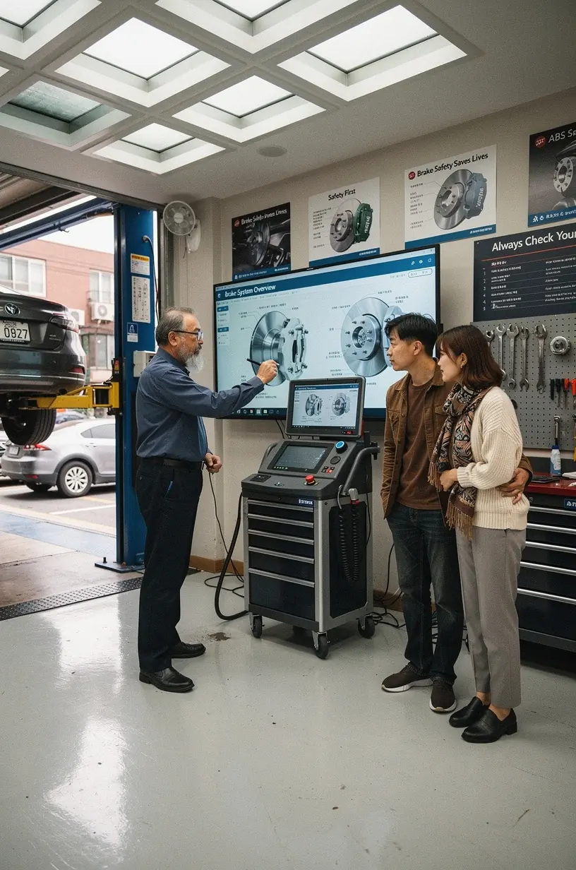 Technik diagnostikuje zavesenie vozidla pomocou špecializovaného meracieho nástroja.